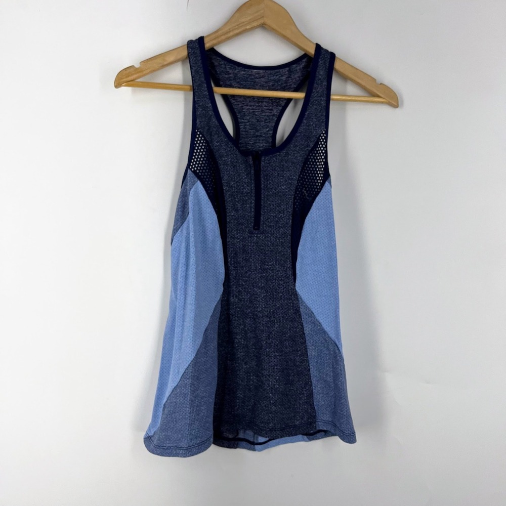 Lorna Jane Womens Blue Colorblock Quarter Zip Racerback Mesh Active Tank Top